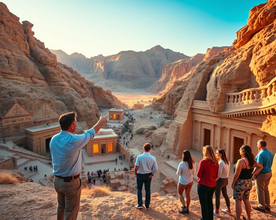 A vibrant view of the Valley of the Kings in Egypt during the golden hour, showcasing the scenic landscape with dramatic cliffs and ancient tombs carved into the rock. In the foreground, include a knowledgeable guide dressed in professional attire, pointing towards a tomb entrance, while a small group of tourists, dressed in modest casual clothing, take notes and observe with curiosity. In the middle ground, showcase intricately decorated tomb entrances with hieroglyphics glowing softly in the warm light. The background features majestic mountains under a clear blue sky, evoking a mood of exploration and discovery. Use soft, natural lighting to enhance the richness of the colors and detail, with a slight lens vignette to focus the attention on the guide and tourists in this historical setting.