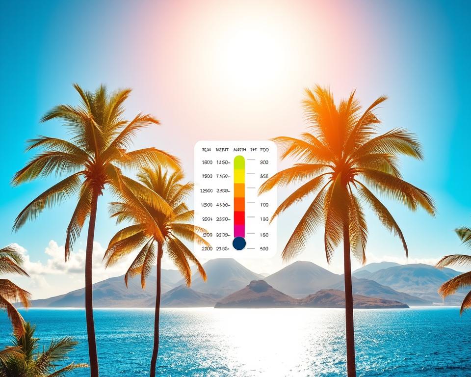 A vibrant visual representation of the monthly temperatures in Cape Verde, showcasing a beautiful island landscape with clear skies and lush palm trees in the foreground. In the middle ground, display a detailed temperature chart with colorful gradients to represent the warm climate throughout the year. The background should feature the stunning ocean and volcanic mountains under a bright sun, evoking a tropical, inviting atmosphere. Use warm, soft lighting to enhance the mood, with a slight lens blur on the background to draw focus to the temperature chart. Capture this scene at a slight angle to provide depth, portraying the essence of Cape Verde’s climate.