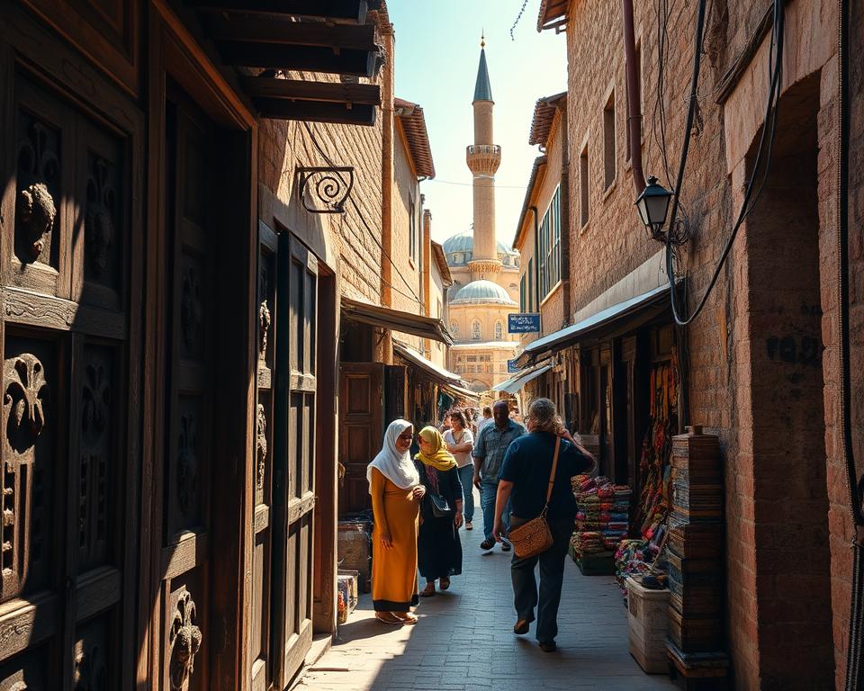 A vibrant, winding street scene in the historic Stone Town of Tanzania. In the foreground, intricate wooden doors and weathered stone walls create a sense of depth and history. The middle ground features tourists, dressed in modest casual clothing, exploring the narrow alleys, with a backdrop of local vendors selling colorful textiles and spices. In the background, a glimpse of a grand mosque with a distinctive minaret reaching towards a clear blue sky. The warm afternoon sunlight casts soft shadows, evoking a nostalgic and welcoming atmosphere. The perspective is slightly elevated, capturing the labyrinthine nature of the streets, enhancing the sense of orientation in this enchanting locale. The composition emphasizes the unique architectural details and cultural richness of Stone Town.