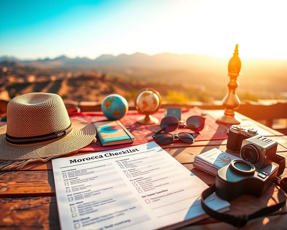 A visually appealing travel checklist for a Morocco trip, featuring essential items elegantly arranged on a rustic wooden table. In the foreground, show a colorful, neatly organized pack list with travel essentials like a sunhat, sunglasses, guidebook, and a camera. In the middle ground, a vibrant Moroccan rug adds texture, while a small globe and a traditional Moroccan lamp provide cultural context. The background features a softly blurred scenic view of the Atlas Mountains under a bright blue sky, suggesting adventure and exploration. The warm, golden sunlight filters through, casting gentle shadows and creating an inviting, adventurous atmosphere. The overall mood conveys excitement for the upcoming journey, inspiring preparation and wanderlust.