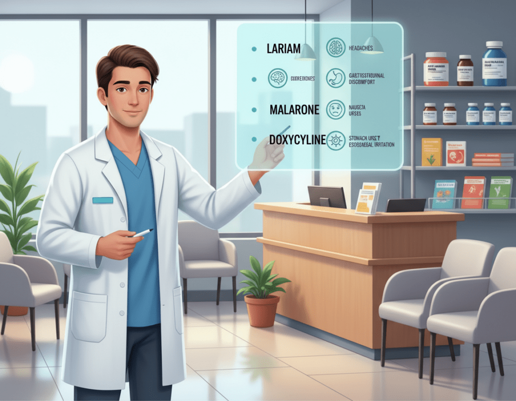 A visually detailed illustration depicting the side effects of malaria prophylaxis medications. In the foreground, a medical professional in a white lab coat gestures towards a chart displaying various medication names alongside icons representing common side effects, such as headaches, gastrointestinal discomfort, and skin rashes. In the middle, a well-organized clinic environment with bright, soft lighting and a clean, sterile atmosphere. The background features shelves filled with medicine bottles and informational pamphlets about malaria treatment. A warm, informative mood pervades the scene, emphasizing professionalism and healthcare focus. The image should be captured with a shallow depth of field to keep the attention on the interactions and the chart without any distractions.