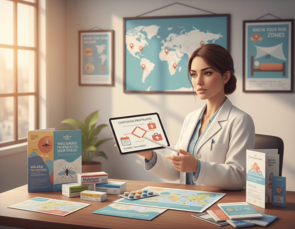 A visually engaging illustration depicting the concept of malaria prophylaxis strategies. In the foreground, a well-organized table featuring various malaria medication packets and brochures on prevention methods, all arranged neatly. In the middle ground, a professional healthcare provider in a white lab coat, examining a tablet with a serious expression, symbolizing informed decision-making. The background shows a softly lit clinic space with posters on malaria prevention and tropical maps. The lighting is warm and inviting, creating a calm atmosphere for patients. The image should convey the balance between continuous prophylaxis and standby strategies, highlighting careful consideration in a clinical setting. Aim for a clear, focused perspective, shot from a slightly elevated angle to enhance depth and detail.