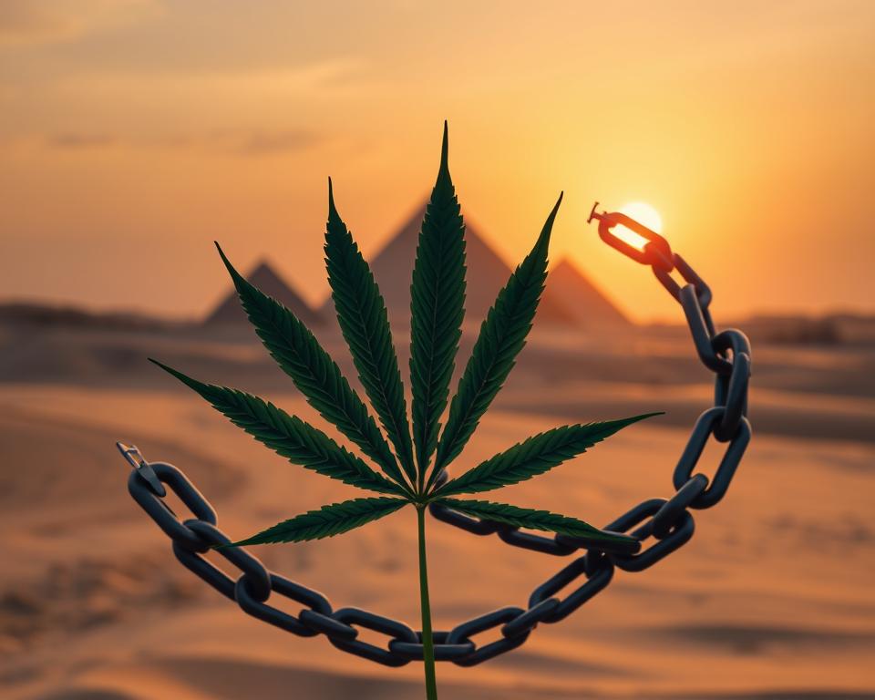 A visually striking depiction of a symbolic representation of CBD and cannabis laws in Egypt, emphasizing the theme of prohibition. In the foreground, showcase a prominently placed cannabis leaf, surrounded by a broken chain symbolizing the restriction. In the middle, illustrate the silhouette of the iconic pyramids of Giza, subtly hinting at Egyptian culture, with a faint overlay of a warning symbol. For the background, create a desert landscape under a dramatic sunset, casting golden hues that suggest warmth but also a sense of restriction. Use soft, diffused lighting to create an atmosphere of contemplation and caution. The scene should evoke a feeling of tension between natural healing and legal limitations, with no human figures present.