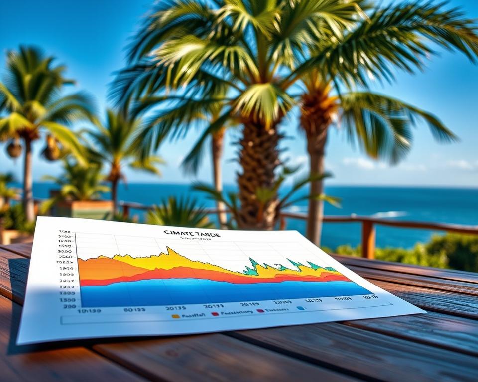 A visually striking image depicting a climate table for Cape Verde, presented on a wooden table outdoors. In the foreground, a detailed climate chart is spread out, showcasing temperature, rainfall, and seasonal changes with vibrant colors representing different months. The middle ground features tropical plants and palm trees, emphasizing a sunny, inviting atmosphere. In the background, a clear blue sky complements an oceanic view, hinting at the geographical context of Cape Verde. Soft sunlight bathes the scene, creating a warm and inviting vibe. The angle captures the table and chart from a slightly elevated perspective, allowing viewers to appreciate both the climate data and the beautiful setting, evoking a sense of wanderlust and exploration.