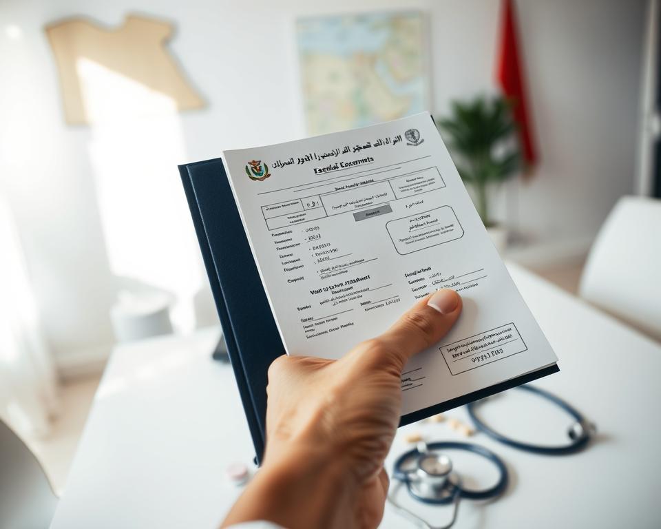 A visually striking image depicting a professional setting where a person is reviewing essential documents related to obtaining medication in Egypt. In the foreground, a hand holds a well-organized folder filled with translated medical attestations and prescriptions, showcasing intricate details like stamps and signatures. In the middle ground, a neatly arranged table presents various medical items such as tablets and a stethoscope, hinting at health and medication. The background features a softly lit room with a map of Egypt on the wall, creating a sense of place. Use natural lighting to enhance the warmth of the scene, captured with a slight depth of field to keep the focus on the documents. The atmosphere should feel informative and professional, suitable for an educational article.