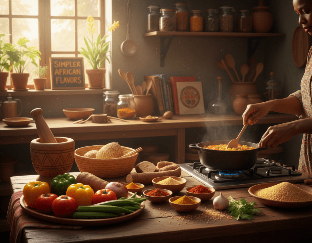 A warm and inviting kitchen scene filled with colors and textures that represent simple African recipes for beginners. In the foreground, a wooden table adorned with fresh, vibrant ingredients like vegetables, spices, and grains typical in African cooking. A pair of hands, clad in modest, casual attire, is seen stirring a pot on a stove, capturing the spirit of cooking. In the middle ground, traditional African cooking utensils and a cozy, well-used kitchen setting with shelves lined with spices and recipes is visible. The background features a window letting in soft, golden light, creating a welcoming and homey atmosphere. The overall mood is warm, encouraging, and inspiring, perfect to illustrate the theme of accessible African cuisine. A warm and inviting kitchen scene filled with colors and textures that represent simple African recipes for beginners. In the foreground, a wooden table adorned with fresh, vibrant ingredients like vegetables, spices, and grains typical in African cooking. A pair of hands, clad in modest, casual attire, is seen stirring a pot on a stove, capturing the spirit of cooking. In the middle ground, traditional African cooking utensils and a cozy, well-used kitchen setting with shelves lined with spices and recipes is visible. The background features a window letting in soft, golden light, creating a welcoming and homey atmosphere. The overall mood is warm, encouraging, and inspiring, perfect to illustrate the theme of accessible African cuisine.
