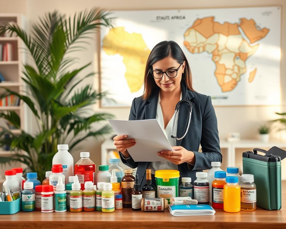 A well-organized travel pharmacy setup in a bright, inviting space. In the foreground, a wooden table displays a variety of health essentials like vaccinations, first-aid supplies, insect repellent, and travel medications, neatly arranged in colorful containers. In the middle, a confident woman in professional business attire, with a focused expression, carefully reviews a travel health checklist while holding a stethoscope, emphasizing health precautions. The background features tropical plants and a large map of South Africa on the wall, enhancing the travel theme. Warm, natural lighting illuminates the scene, creating an atmosphere of safety and preparedness, inviting readers to prioritize their health while traveling.