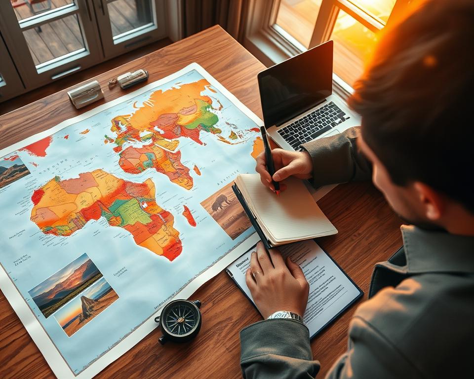 Aerial view of a traveler planning an African adventure, sitting at a wooden table covered with maps, a compass, and a laptop. In the foreground, the traveler, a person in professional business attire, is focused, with a notebook and pen in hand, attentively studying routes. The middle ground features a vibrant world map depicting Africa, alongside picturesque photographs of landscapes like savannahs, mountains, and deserts. In the background, a warm sunset casts golden light through a window, enhancing a sense of exploration and anticipation. The atmosphere is inspiring and adventurous, with soft, natural lighting highlighting the details of the planning materials, evoking the excitement of discovering the best time to travel to Africa.