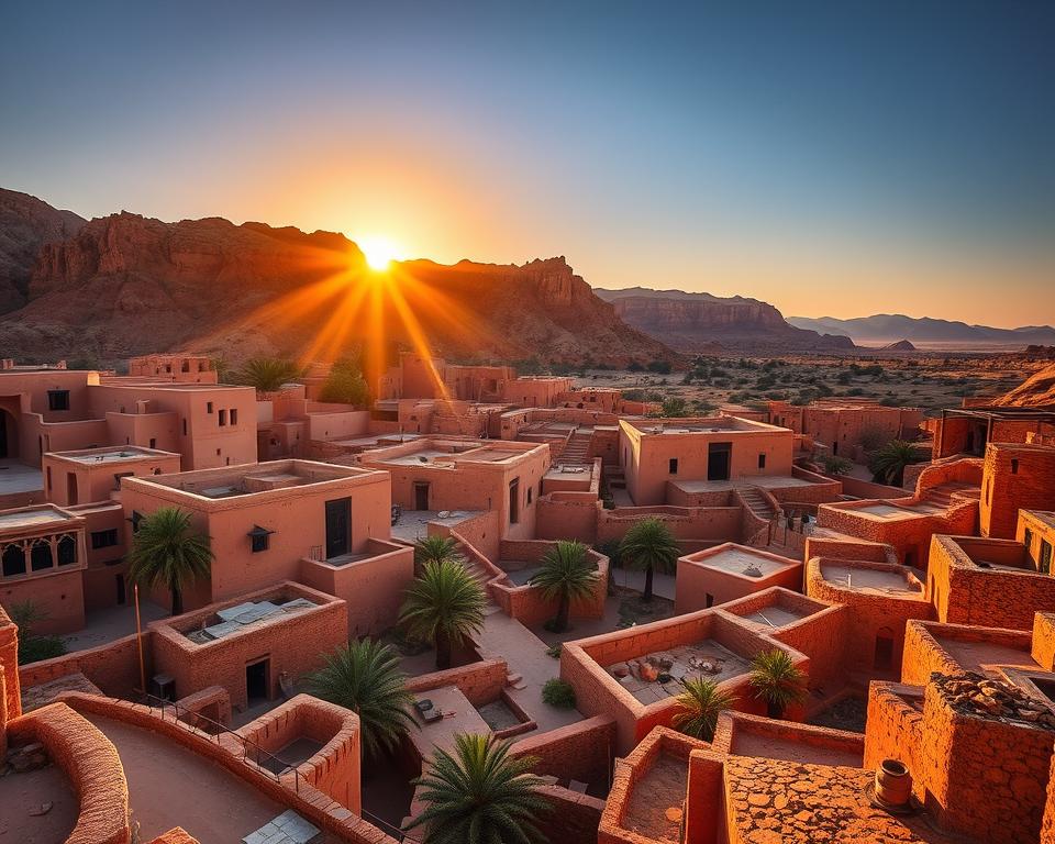 Ait Ben Haddou, a UNESCO World Heritage site in Morocco, stands majestically against the rugged Atlas Mountains. In the foreground, intricately detailed mud-brick kasbahs and ancient walls showcase traditional Berber architecture, adorned with earthy tones of terracotta and ochre. The middle ground features winding pathways and palm trees, adding depth and life to the scene. In the background, the sun sets behind the mountains, casting a warm golden glow that bathes the village in soft light, while dramatic shadows play across the landscape. Capture this iconic view from a slightly elevated angle, using a wide lens to emphasize the dramatic scale and beauty, evoking a sense of historical wonder and tranquility. The atmosphere is serene, inviting viewers to explore this remarkable jewel of Morocco.