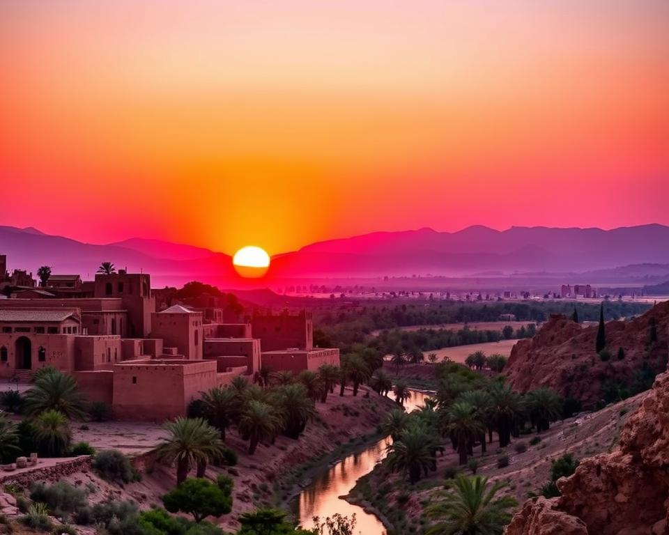 Ait Ben Haddou, a UNESCO World Heritage site in Morocco, stands majestically in the foreground, showcasing its iconic earthen clay architecture and kasbahs. The vibrant, warm hues of the sun setting behind the ancient mud-brick structures create a captivating interplay of shadows and light, highlighting the intricate details of the fortress walls. In the middle ground, the meandering river and lush palm groves represent the historical trade routes that once flourished here. The background features the stunning Atlas Mountains, shrouded in a soft lavender dusk as the sky transitions to deep blue. This serene yet vibrant atmosphere evokes a sense of timelessness and rich cultural history, perfect for illustrating the journey of Ait Ben Haddou from ancient caravan routes to its present-day splendor.