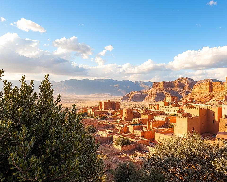 Ait Ben Haddou basking in the golden light of late afternoon during the ideal travel season. In the foreground, lush green olive trees contrast with the warm ochre tones of the ancient earthen structures of the Kasbah. The middle ground showcases the intricate architecture of the village, with its iconic kasbahs and towering walls. In the background, the dramatic expanse of the Atlas Mountains provides a majestic backdrop, under a clear blue sky dotted with fluffy white clouds. Soft, diffused sunlight enhances the textures and colors of the buildings, creating a serene and inviting atmosphere. The image should convey tranquility and warmth, emphasizing the stunning natural beauty of this UNESCO World Heritage site with a wide-angle perspective.