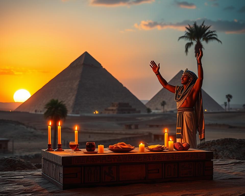 An ancient Egyptian funerary scene depicting the Totenkult, with a richly decorated backdrop of the Giza pyramids under a twilight sky. In the foreground, a stone altar surrounded by offerings like bread, wine, and flowers, symbolizing respect for the dead. Hieroglyphs adorn the altar, and candles flicker softly, casting warm light that contrasts with the deepening shadows. In the middle ground, an ancient priest in modest ceremonial attire, with a headdress, performing a ritual, raising his arms in reverence. The background features the majestic pyramids and palm trees silhouetted against the vibrant hues of the sunset. The atmosphere is sacred and mystical, evoking a sense of reverence and ancient belief in the afterlife and the sun god.