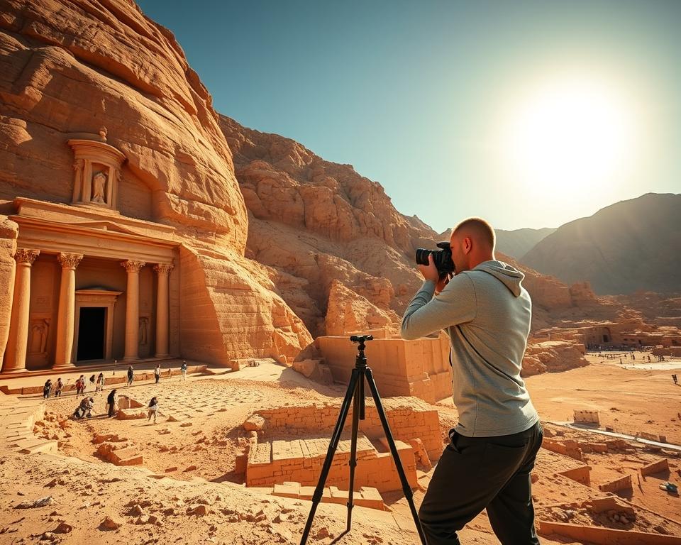 An expansive view of the Valley of the Kings in Egypt, showcasing a blend of ancient tombs carved into rugged cliffs, surrounded by arid desert mountains under a bright blue sky. In the foreground, focus on a professional photographer, dressed in modest casual clothing, adjusting their camera and tripod. The middle ground features the detailed textures of the tomb entrances with hieroglyphics, capturing the rich historical significance. In the background, the sun casts warm, golden light over the landscape, creating dramatic shadows and highlighting the beauty of the ancient architecture. The mood is one of exploration and inspiration, ideal for photography tips, encouraging viewers to immerse themselves in the scene. The composition should be shot from a low angle to emphasize the scale of the tombs against the vast sky.