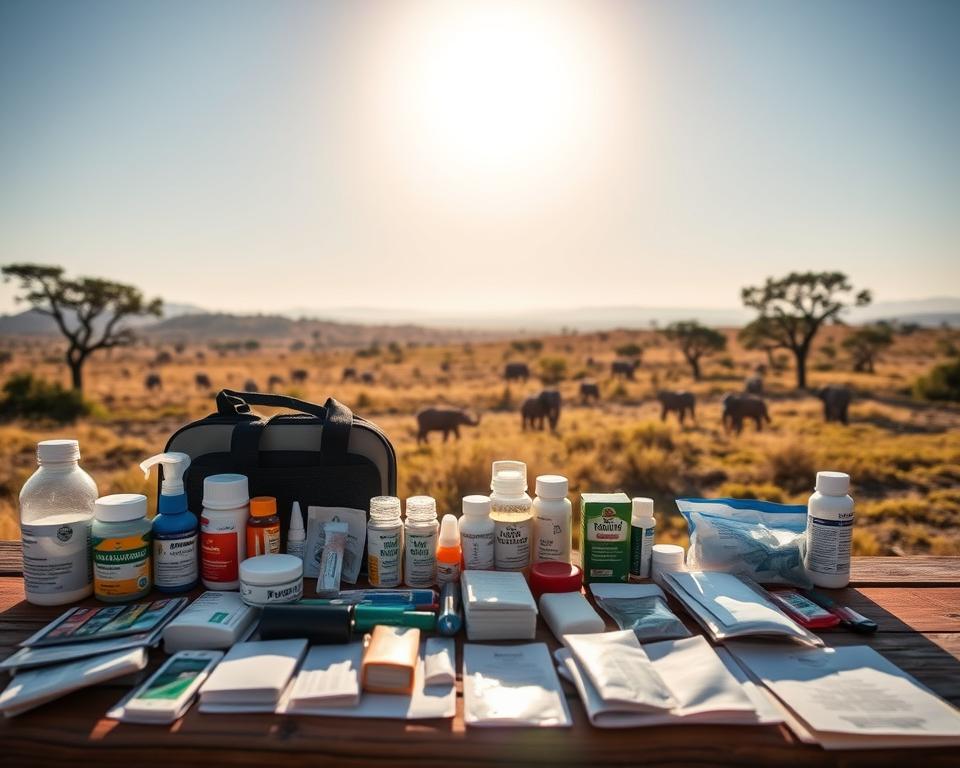 An organized travel pharmacy set against a backdrop of Kenya's stunning landscapes. In the foreground, a neatly arranged travel health kit featuring essential medications, bandages, and mosquito repellent, displayed on a rustic wooden table. In the middle ground, a Kenyan landscape with rolling hills and acacia trees under a bright blue sky. The sun casts warm, golden light, creating a feeling of safety and adventure. A soft focus on the horizon emphasizes depth, showing distant wildlife, perhaps a herd of elephants. The atmosphere is calm and reassuring, highlighting the importance of health and preparedness while traveling. No human figures included.