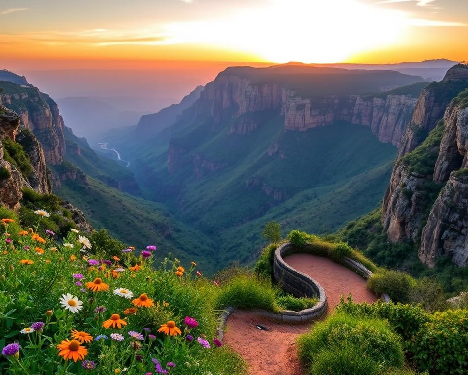 Blyde River Canyon during the golden hour, showcasing the dramatic cliffs and lush vegetation. In the foreground, a vibrant array of blooming wildflowers adds color, while a winding path leads the viewer’s eye towards the majestic canyon. In the middle ground, the canyon's steep walls rise sharply, dotted with greenery and shadows, revealing the striking rock formations that characterize this natural wonder. The background features a vast sky painted with warm hues of sunset, blending oranges and purples, enhancing the canyon’s grandeur. Soft, diffused lighting creates a serene atmosphere, inviting exploration and adventure. The scene captures the essence of the best travel time to experience the unique landscapes and climate of Blyde River Canyon. Blyde River Canyon during the golden hour, showcasing the dramatic cliffs and lush vegetation. In the foreground, a vibrant array of blooming wildflowers adds color, while a winding path leads the viewer’s eye towards the majestic canyon. In the middle ground, the canyon's steep walls rise sharply, dotted with greenery and shadows, revealing the striking rock formations that characterize this natural wonder. The background features a vast sky painted with warm hues of sunset, blending oranges and purples, enhancing the canyon’s grandeur. Soft, diffused lighting creates a serene atmosphere, inviting exploration and adventure. The scene captures the essence of the best travel time to experience the unique landscapes and climate of Blyde River Canyon.