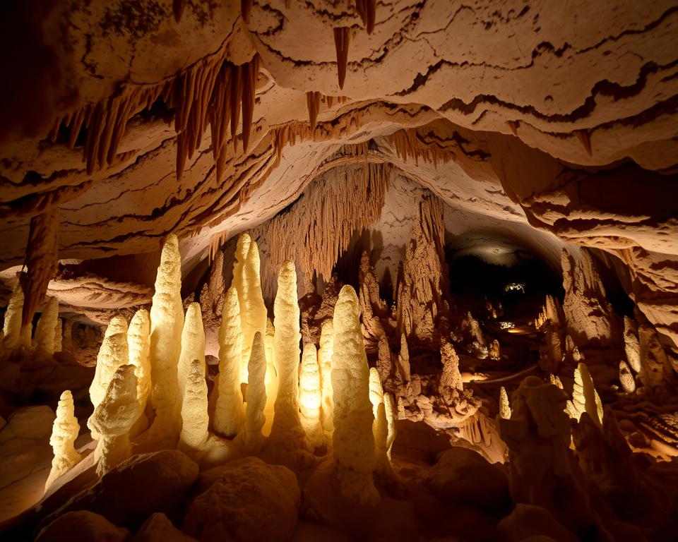 Cango Caves formations, showcasing an intricate network of stalactites and stalagmites illuminated by soft, ethereal lighting that highlights their textures. In the foreground, a cluster of shimmering calcium formations resembling delicate sculptures, surrounded by earthy stones. The middle ground features an expansive chamber with towering columns of mineral deposits, creating a sense of grandeur. In the background, winding passages fade into shadow, hinting at the cave's depth. The atmosphere is mystical and otherworldly, evoking a sense of wonder and exploration. Captured with a wide-angle lens to emphasize the scale, the composition includes warm, ambient lighting that creates contrasting shadows for depth. Focus on bringing out the natural beauty and unique geological structures of the Cango Caves. Cango Caves formations, showcasing an intricate network of stalactites and stalagmites illuminated by soft, ethereal lighting that highlights their textures. In the foreground, a cluster of shimmering calcium formations resembling delicate sculptures, surrounded by earthy stones. The middle ground features an expansive chamber with towering columns of mineral deposits, creating a sense of grandeur. In the background, winding passages fade into shadow, hinting at the cave's depth. The atmosphere is mystical and otherworldly, evoking a sense of wonder and exploration. Captured with a wide-angle lens to emphasize the scale, the composition includes warm, ambient lighting that creates contrasting shadows for depth. Focus on bringing out the natural beauty and unique geological structures of the Cango Caves.