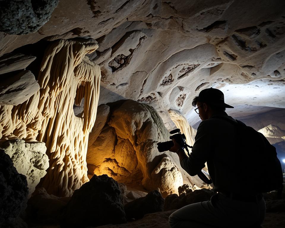 Capture a serene moment inside the Cango Caves in South Africa, where a photographer in modest casual clothing is expertly framing a stunning rock formation. In the foreground, the photographer is kneeling with a DSLR camera, focusing on the intricate stalactites and stalagmites that glisten under the soft, diffused lighting. In the middle, the cave walls are adorned with rich mineral colors and textures, highlighting the unique geological features. The background reveals expansive cavern chambers illuminated with gentle, ambient light, casting soft shadows and enhancing the cave's mysterious atmosphere. The mood is tranquil and contemplative, inviting viewers to appreciate the natural beauty of the caves. Capture a serene moment inside the Cango Caves in South Africa, where a photographer in modest casual clothing is expertly framing a stunning rock formation. In the foreground, the photographer is kneeling with a DSLR camera, focusing on the intricate stalactites and stalagmites that glisten under the soft, diffused lighting. In the middle, the cave walls are adorned with rich mineral colors and textures, highlighting the unique geological features. The background reveals expansive cavern chambers illuminated with gentle, ambient light, casting soft shadows and enhancing the cave's mysterious atmosphere. The mood is tranquil and contemplative, inviting viewers to appreciate the natural beauty of the caves.