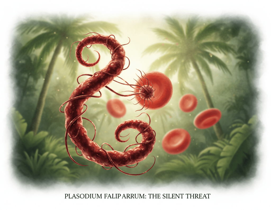 Create a highly detailed illustration of a "Plasmodium falciparum" parasite in a vibrant scientific context. In the foreground, depict the parasite in a dynamically swirling shape, showcasing its distinct ring-like form and dark red color with subtle glimmers that suggest its complex biology. In the middle ground, include red blood cells, emphasizing the parasite’s interaction with its host, rendered in soft focus to create depth. For the background, introduce a muted, out-of-focus representation of a tropical landscape, suggesting the environment where malaria is prevalent, with diffused sunlight filtering through dense foliage. Utilize soft, natural lighting to enhance the brightness of the colors, aiming for a balanced composition that invokes curiosity and a sense of urgency related to malaria risks. The atmosphere should feel informative yet serious, suitable for a scientific audience.