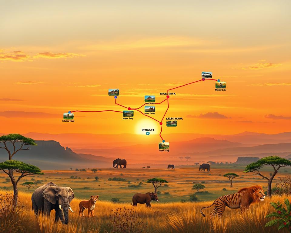 Create an illustrated map of a scenic travel route through Kenya, showcasing the diverse landscapes and highlights of a typical Kenyan round trip. In the foreground, include detailed illustrations of iconic animals like elephants and lions, alongside vivid representations of lush savannas and the Great Rift Valley. In the middle ground, depict images of popular destinations such as Maasai Mara, Amboseli National Park, and Mount Kenya, with colorful markers for each location. In the background, capture a stunning sunset over the African plains, with warm hues of orange and yellow illuminating the sky. Use a wide-angle lens perspective for a panoramic view that evokes a sense of adventure and exploration, with soft, warm lighting to create an inviting, inspiring atmosphere.