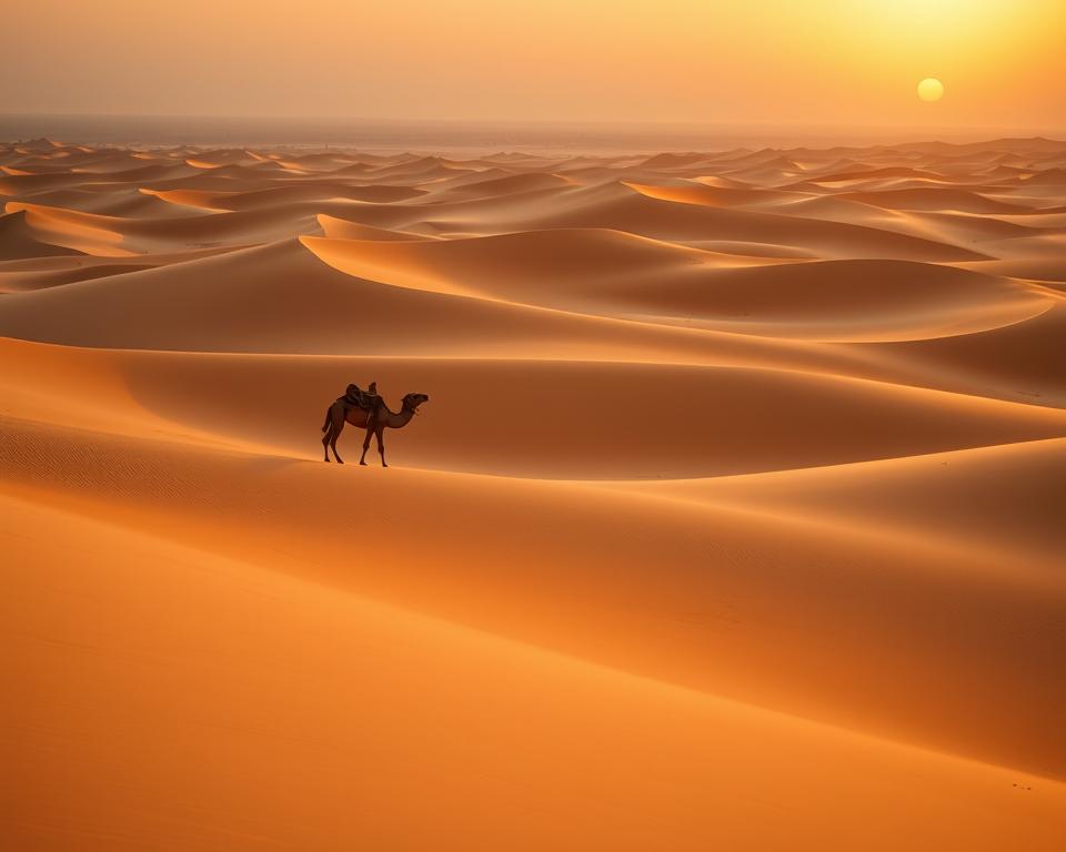 Golden sand dunes of the Sahara stretch across the image, their smooth curves illuminated by a warm, golden sunlight at dusk. In the foreground, a lone camel wanders gracefully, its silhouette contrasting against the vibrant sand. The middle ground features gently rolling dunes, their textures creating beautiful shadows and highlights, showcasing the undulating landscape. In the background, a distant horizon merges with softly fading colors of twilight—hues of orange and purple blending seamlessly into the sky. The atmosphere is serene and tranquil, evoking a sense of adventure and exploration. The scene is captured from a low angle, emphasizing the grand scale of the dunes while providing a stunning perspective of the vast desert. The image is devoid of any human figures or text, focusing solely on the enchanting beauty of the Sahara.