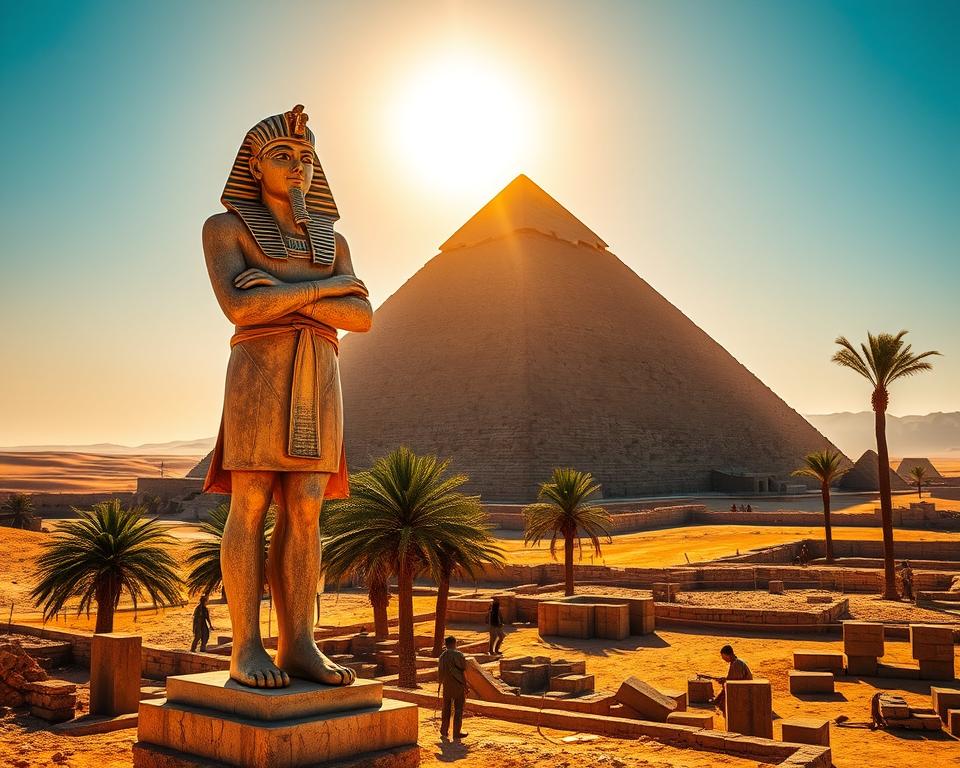 In the foreground, a majestic limestone statue of a pharaoh, adorned in elaborate robes and a ceremonial headdress, stands proudly with arms crossed, symbolizing power and authority. The middle ground features the iconic Great Pyramid of Giza, illuminated by the warm golden light of a setting sun, casting long shadows and emphasizing its grandeur. Surrounding the pyramid are ancient palm trees and the remnants of a bustling construction site, showcasing the laborers in modest clothing, diligently working on stone blocks. In the background, the vast desert stretches toward the horizon, under a clear blue sky, while distant dunes shimmer softly in the light. The overall atmosphere is one of awe and reverence, inviting viewers to explore the mysteries of ancient Egyptian civilization through this striking composition. The image should be captured with a wide-angle lens, creating a dramatic perspective.