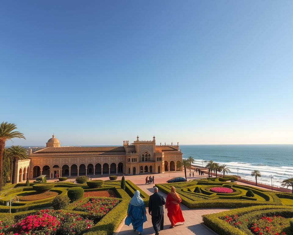 Königspalast Rabat, an opulent Moroccan royal palace, stands majestically in the foreground, showcasing intricate Moroccan architectural details like ornate tile work and grand arches. Lush green gardens surround the palace, filled with vibrant flowers that enhance the scene. In the middle ground, traditional Moroccan citizens stroll peacefully, dressed in modest, colorful attire, engaging with each other, capturing the tranquil essence of life in the royal capital. The background features the stunning coastline of the Atlantic Ocean, its waves gently lapping against the shore under a clear blue sky. The golden afternoon sunlight bathes the scene, creating warm highlights on the palace's façade. A slight perspective from below enhances the grandeur of the building, inviting viewers to immerse themselves in the rich history and beauty of Rabat. Königspalast Rabat, an opulent Moroccan royal palace, stands majestically in the foreground, showcasing intricate Moroccan architectural details like ornate tile work and grand arches. Lush green gardens surround the palace, filled with vibrant flowers that enhance the scene. In the middle ground, traditional Moroccan citizens stroll peacefully, dressed in modest, colorful attire, engaging with each other, capturing the tranquil essence of life in the royal capital. The background features the stunning coastline of the Atlantic Ocean, its waves gently lapping against the shore under a clear blue sky. The golden afternoon sunlight bathes the scene, creating warm highlights on the palace's façade. A slight perspective from below enhances the grandeur of the building, inviting viewers to immerse themselves in the rich history and beauty of Rabat.
