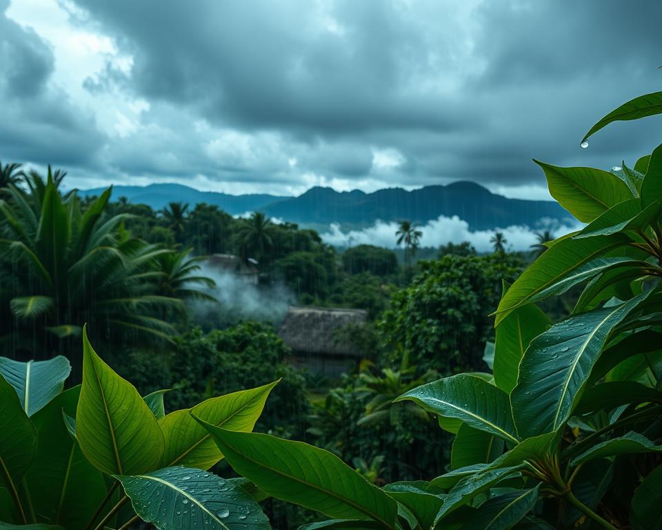 Lush, green landscapes of Zanzibar during the long rainy season, showcasing vibrant tropical foliage drenched in rain, with dark, moody clouds gathering overhead. In the foreground, droplets of water cling to large leaves, reflecting the soft, diffused light after a rain shower. The middle ground features the outline of traditional thatched-roof houses peeking through the dense forest, partially obscured by mist rising from the rain-soaked ground. In the background, the distant silhouette of rolling hills adds depth to the composition. The atmosphere is serene yet dynamic, capturing the essence of a tropical downpour amidst the island's rich biodiversity. Ideal lighting conditions create a melancholic yet beautiful environment, emphasizing the transformative impact of the long rainy season in this exotic locale. Lush, green landscapes of Zanzibar during the long rainy season, showcasing vibrant tropical foliage drenched in rain, with dark, moody clouds gathering overhead. In the foreground, droplets of water cling to large leaves, reflecting the soft, diffused light after a rain shower. The middle ground features the outline of traditional thatched-roof houses peeking through the dense forest, partially obscured by mist rising from the rain-soaked ground. In the background, the distant silhouette of rolling hills adds depth to the composition. The atmosphere is serene yet dynamic, capturing the essence of a tropical downpour amidst the island's rich biodiversity. Ideal lighting conditions create a melancholic yet beautiful environment, emphasizing the transformative impact of the long rainy season in this exotic locale.