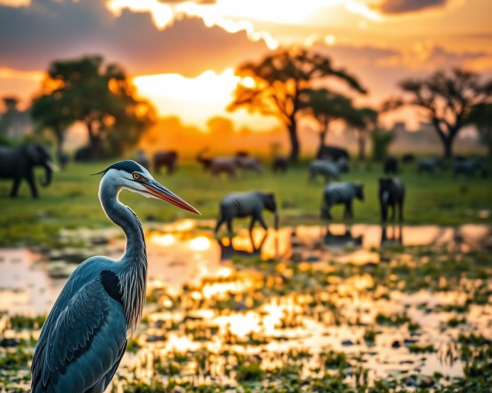Lush green wetlands of iSimangaliso Wetland Park during the golden hours of dawn, showcasing vibrant wildlife in a serene landscape. The foreground features a close-up of a heron elegantly standing by a waterhole, glistening with morning dew. In the middle ground, a variety of animals such as zebras and elephants can be seen grazing peacefully under soft, warm light, their reflections shimmering in the water. The background reveals a dramatic sky painted with hues of orange and pink, with silhouetted trees framing the scene. The atmosphere is tranquil and inviting, conveying a sense of the best travel times for nature enthusiasts. The image captures the essence of rich biodiversity and breathtaking natural beauty, with crisp details highlighted by soft sunlight.