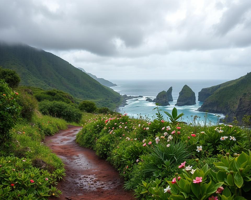 Lush tropical landscape of Cape Verde during the rainy season, showcasing vibrant green vegetation and blooming flora. In the foreground, a rain-soaked dirt path lined with wildflowers leads the viewer into the scene. The middle ground features verdant hills, with clouds gathering overhead, hinting at an impending downpour. In the background, the ocean waves crash gently against rocky cliffs, reflecting the soft, diffused light of an overcast sky. The atmosphere feels fresh and invigorating, evoking the natural beauty of the region during rain, with gentle raindrops visible in the air, creating a sense of movement. The image captures the essence of the rainy season, inviting exploration and appreciation of the lush environment.
