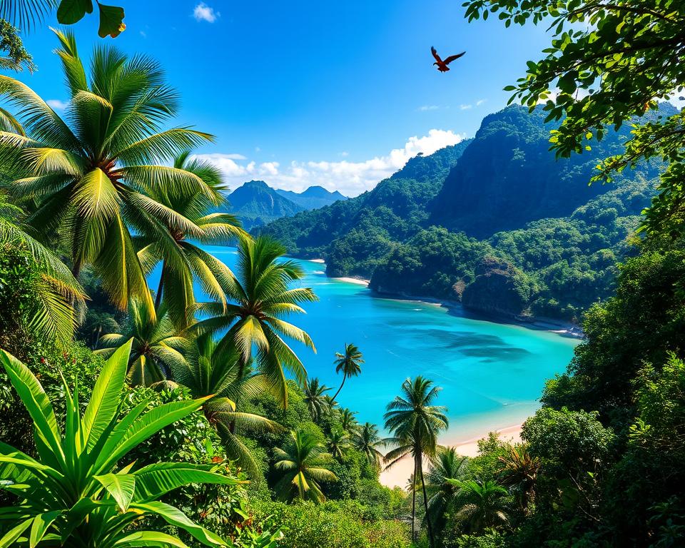 Lush, untouched nature of São Tomé and Príncipe, showcasing vibrant green rainforests filled with towering palm trees and exotic foliage in the foreground. In the middle ground, a serene, crystal-clear turquoise lagoon reflects the bright blue sky, bordered by soft, sandy beaches. The background features dramatic volcanic cliffs covered in dense vegetation, with hints of distant mountains shrouded in mist. Soft sunlight filters through the leaves, casting dappled shadows on the ground, creating a tranquil and inviting atmosphere. A few colorful tropical birds can be seen flying above, adding life to the scene. The image should evoke a sense of hidden beauty and serenity, emphasizing the exotic and pristine allure of these equatorial islands. Use a wide-angle lens to capture the expansive landscape in a vibrant, realistic style. Lush, untouched nature of São Tomé and Príncipe, showcasing vibrant green rainforests filled with towering palm trees and exotic foliage in the foreground. In the middle ground, a serene, crystal-clear turquoise lagoon reflects the bright blue sky, bordered by soft, sandy beaches. The background features dramatic volcanic cliffs covered in dense vegetation, with hints of distant mountains shrouded in mist. Soft sunlight filters through the leaves, casting dappled shadows on the ground, creating a tranquil and inviting atmosphere. A few colorful tropical birds can be seen flying above, adding life to the scene. The image should evoke a sense of hidden beauty and serenity, emphasizing the exotic and pristine allure of these equatorial islands. Use a wide-angle lens to capture the expansive landscape in a vibrant, realistic style.