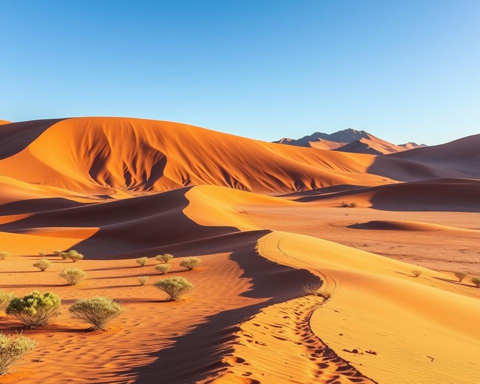 Majestic dunes of Sossusvlei rise dramatically against a clear blue sky, showcasing the rich red-orange hues that characterize this iconic Namibian landscape. In the foreground, delicate patches of hardy desert vegetation contrast with the smooth, undulating sand patterns. The middle ground features a winding, shadowed path leading into the expansive sand sea, inviting exploration. In the background, towering dune crests cast long shadows, creating a sense of depth and scale. The golden light of the early morning sun bathes the scene, enhancing the warm tones and creating a tranquil, breathtaking atmosphere. Capture this stunning vista using a wide-angle lens to emphasize the vastness, with soft natural lighting that highlights the texture of the sand. The overall mood should evoke a sense of peaceful adventure and the beauty of Namibia's southern highlights.