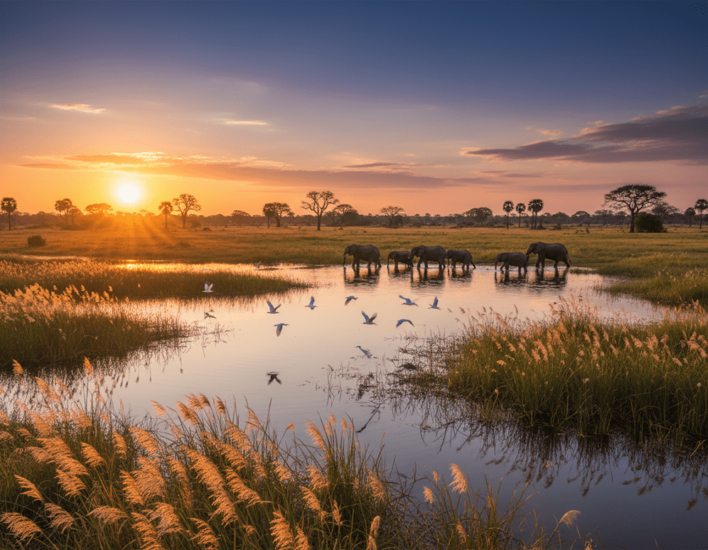 The breathtaking Okavango Delta in Botswana, showcasing a vibrant landscape filled with lush greenery and winding waterways. In the foreground, a serene lagoon reflects the golden hues of a sunset, framed by tall papyrus grasses swaying gently in the breeze. In the middle ground, elephants gracefully traverse the wetlands, their silhouettes illuminated by the soft, warm light. A variety of birds can be seen taking flight, adding life and movement to the scene. The background features lush floodplains dotted with acacia trees under a vast, azure sky, creating a sense of expansive wilderness. The mood is tranquil yet adventurous, capturing the essence of luxury safaris and exploration in this pristine natural habitat. The image should be taken from a slightly elevated angle to emphasize the breathtaking scenery.