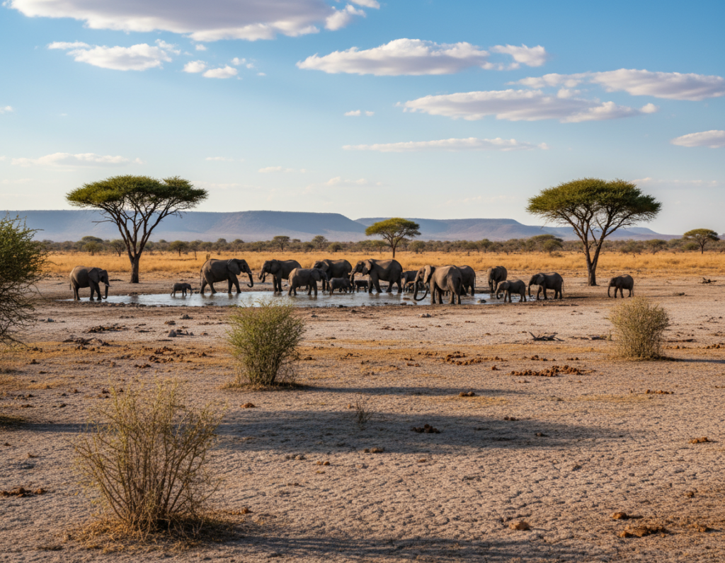 Vast savanna landscape of Etosha National Park in Namibia, showcasing a stunning mix of dry, cracked earth and sparse shrubs in the foreground, dotted with graceful acacia trees. In the middle ground, a heard of elephants is peacefully drinking at a waterhole, their silhouettes sharp against the shimmering water under bright afternoon sunlight. The background features distant hills and a brilliant blue sky scattered with fluffy white clouds, casting soft shadows on the ground. The atmosphere is warm and inviting, highlighting the essence of a safari adventure. The lighting is natural, emphasizing the golden tones of the sun as it bathes the landscape in a serene glow, captured from a low angle to enhance the majesty of the wildlife.