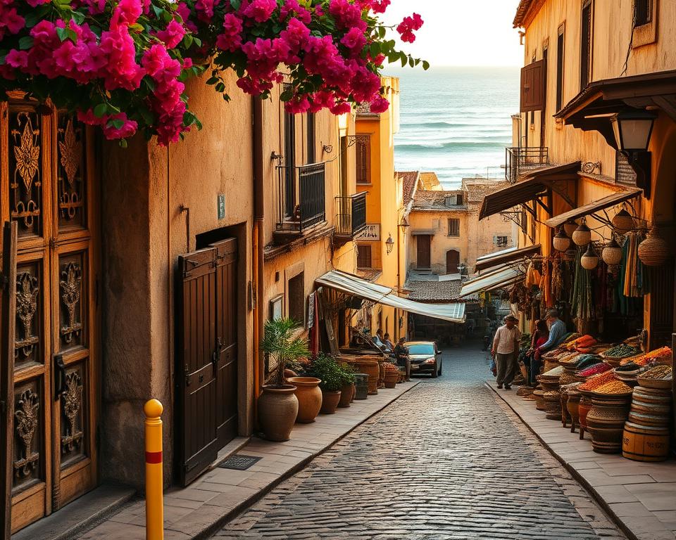 Vibrant depiction of UNESCO Stone Town, Tanzania, showcasing its rich history and unique architecture. In the foreground, a cobblestone alley lined with intricately carved wooden doors and vibrant bougainvillea. The middle ground features historic buildings with weathered stone facades, traditional Swahili architecture, and bustling market stalls filled with colorful spices and textiles. In the background, gentle waves of the Indian Ocean can be seen. The scene is illuminated by warm, golden sunlight reflecting off the buildings, creating a welcoming and nostalgic atmosphere. Capture the essence of this UNESCO World Heritage site in a wide-angle perspective, emphasizing the blend of culture and history in the air.