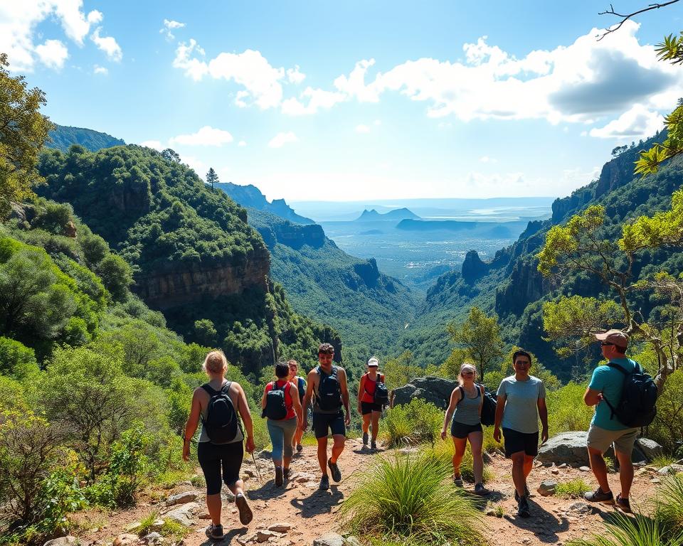Vibrant scene of a nature reserve in the Blyde River Canyon, showcasing active outdoor activities and hiking adventures. In the foreground, a diverse group of people dressed in modest, casual athletic wear enjoys hiking along a rugged trail, some pausing to take photos. The middle ground features lush greenery and rocky outcrops, with scenic views of dramatic cliffs and distant waterfalls cascading into the canyon. The background reveals a clear blue sky with soft, fluffy clouds and sunlight filtering through the foliage, creating dappled patterns on the ground. The mood is invigorating and adventurous, capturing the essence of exploration in this unique landscape. Bright, natural lighting enhances the vibrancy of the scenery. Vibrant scene of a nature reserve in the Blyde River Canyon, showcasing active outdoor activities and hiking adventures. In the foreground, a diverse group of people dressed in modest, casual athletic wear enjoys hiking along a rugged trail, some pausing to take photos. The middle ground features lush greenery and rocky outcrops, with scenic views of dramatic cliffs and distant waterfalls cascading into the canyon. The background reveals a clear blue sky with soft, fluffy clouds and sunlight filtering through the foliage, creating dappled patterns on the ground. The mood is invigorating and adventurous, capturing the essence of exploration in this unique landscape. Bright, natural lighting enhances the vibrancy of the scenery.