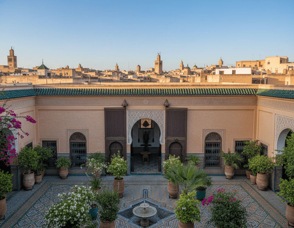 Vibrant scene of a traditional Riad in Fes, Morocco, showcasing intricate tile work and lush greenery. In the foreground, a beautifully designed courtyard filled with colorful ceramic pots and flowering plants. The middle area features elaborately decorated wooden doors and arched windows, adorned with intricate carvings. In the background, the iconic Fes skyline with minarets and historic buildings under a clear blue sky, casting soft shadows. Warm, natural lighting highlights the textures of the architecture and the vivid colors of the courtyard. The atmosphere is inviting and serene, embodying the charm of Moroccan hospitality. Shot with a wide-angle lens at a slightly elevated angle to capture the full beauty of the Riad and its surroundings.