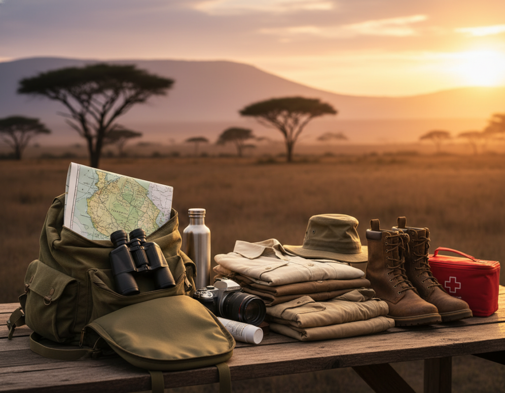 A beautifully arranged safari packing list displayed on a wooden table, featuring essential gear and items for a Tanzanian adventure. In the foreground, there's a rugged backpack opened to reveal binoculars, a map of Tanzania, a water bottle, and a camera. In the middle ground, neatly stacked clothes suitable for a safari, including lightweight shirts, versatile pants, and a sun hat. Scattered around are jungle boots, sunscreen, and a first-aid kit. The background shows a soft-focus, sunlit African landscape with acacia trees and distant mountains, creating an adventurous and inviting atmosphere. The lighting is warm and natural, as if in the golden hour, emphasizing the excitement of preparing for a safari journey. The image should have a crisp, realistic texture, ideal for illustrating packing essentials without any text or logos.