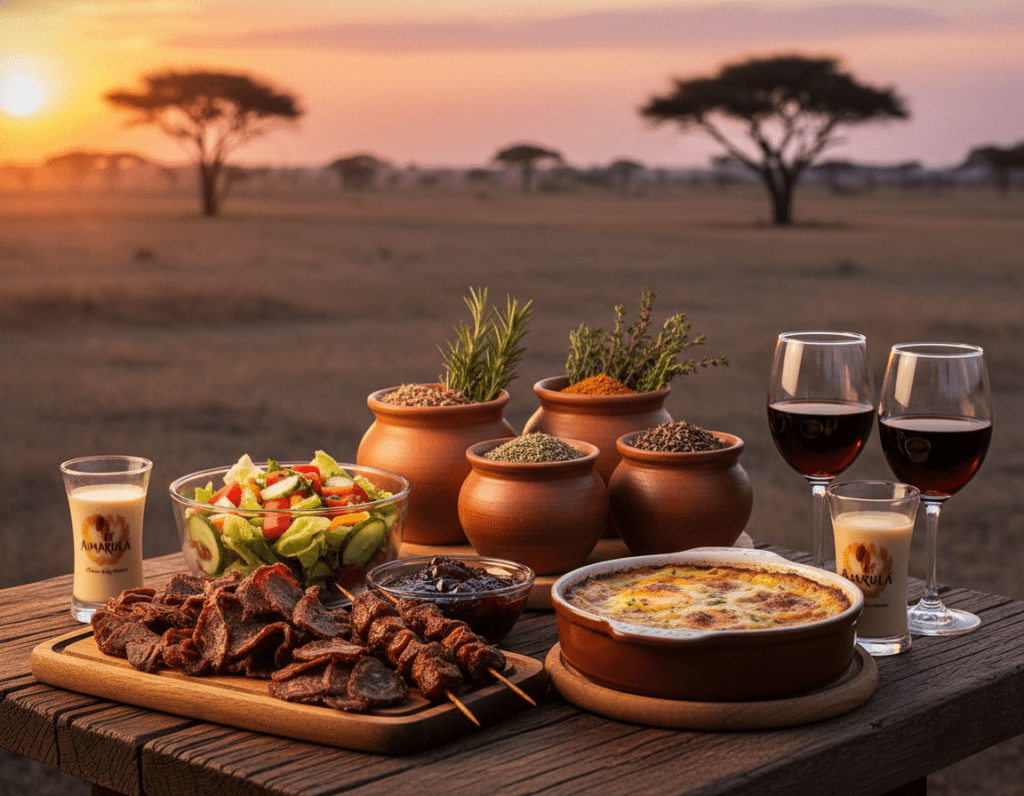 A beautifully arranged table set outdoors, featuring traditional dishes from Namibia and South Africa. In the foreground, a colorful spread of biltong, sosaties, and bobotie sit alongside a vibrant mixed salad and glossy grape preserves. Glasses of Amarula and local wine reflect the soft golden light of a sunset. In the middle ground, a rustic wooden table with decorative clay pots filled with spices and herbs showcases the culinary diversity of the two countries. The background reveals a stunning African landscape with acacia trees against a warm, sandy sunset sky, creating an inviting atmosphere. The mood is warm and inviting, emphasizing the rich culinary heritage of Namibia and South Africa. The scene is captured with a shallow depth of field, soft focus on the background, and bright, natural lighting to enhance the colors of the food.