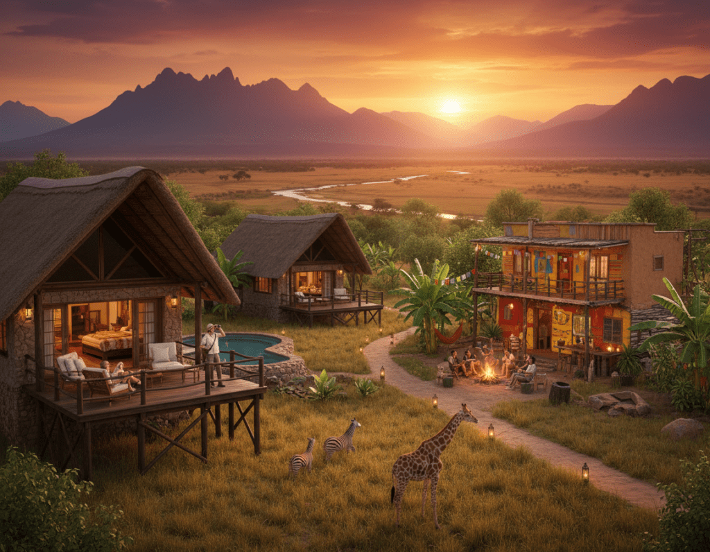 A beautifully curated scene showcasing a range of accommodation options in Africa, displaying a luxurious safari lodge with thatched roofs in the foreground, and a cozy budget-friendly backpacker hostel surrounded by vibrant greenery in the middle ground. In the background, capture the majestic silhouette of African mountains under a warm sunset sky, casting golden hues across the landscape. The image should feature a welcoming atmosphere, with subtle lighting creating a serene yet adventurous mood. Include elements like native wildlife subtly grazing nearby to enhance the African ambiance, while ensuring that any human figures, dressed in modest casual clothing, are engaged in exploration and leisure activities. The composition should utilize a wide-angle lens to encompass the diverse accommodations and captivating scenery cohesively.