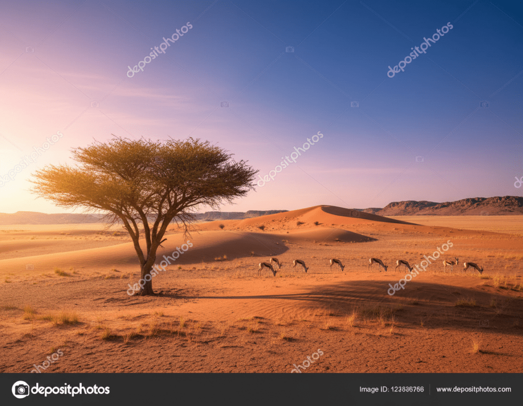 A breathtaking African landscape during peak travel season, showcasing the stunning contrasts of Namibia and South Africa. In the foreground, a vibrant acacia tree occupies the scene, its leaves gently swaying in the warm breeze. The middle ground features rolling sand dunes colored in shades of orange and gold, with a few graceful springboks grazing peacefully. The background presents a vast and clear sky transitioning from soft pastels of dawn to the deep blue of midday, where the sun casts warm, golden rays across the terrain. Lighting is natural and bright, emphasizing the richness of the landscape. The atmosphere is serene and inviting, capturing the essence of adventure and exploration in Africa. Capture this moment with a wide-angle lens to showcase the expanse of beauty and the tranquility of the natural environment.