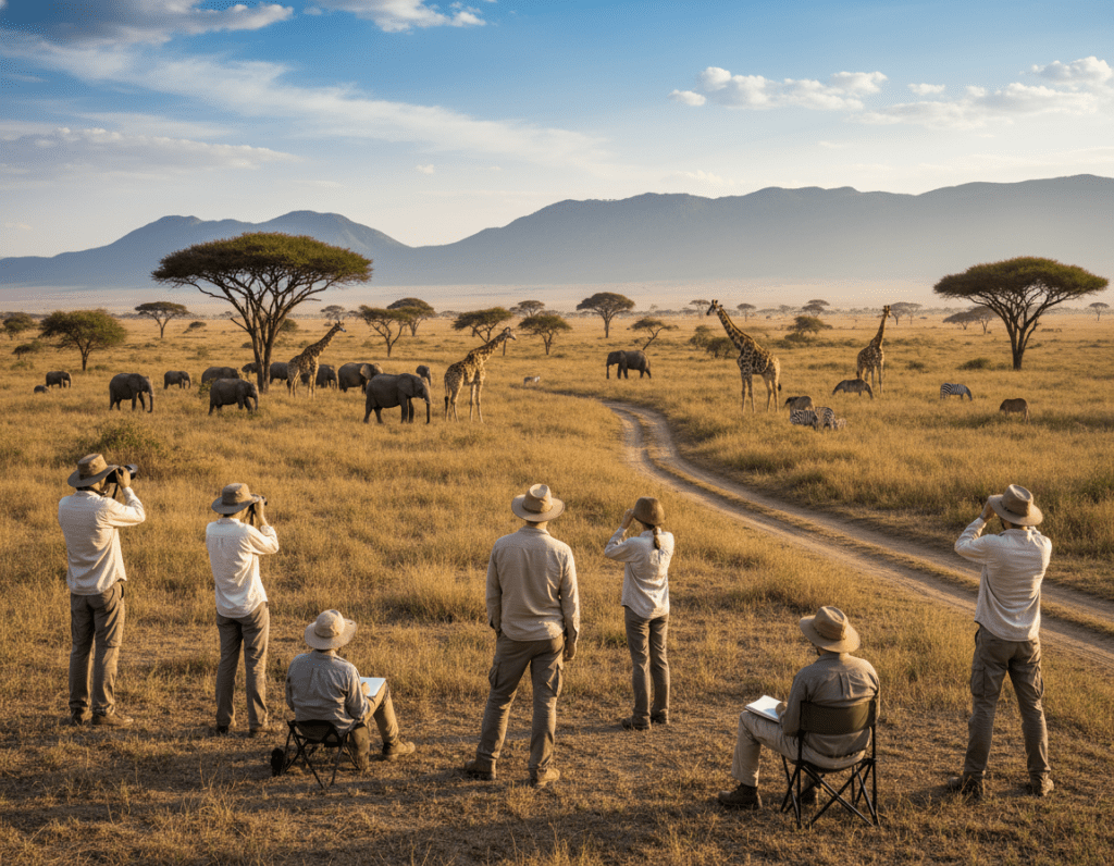 A breathtaking African landscape showcasing a vast savanna under a clear blue sky, dotted with acacia trees and wildlife such as elephants and giraffes grazing peacefully. In the foreground, a group of adventurous travelers dressed in modest casual attire is engaged in activities like photographing animals and sketching the scenery, embodying the spirit of adventure. The middle section features a winding safari trail leading deeper into the wilderness, while the background reveals majestic mountains under soft golden sunlight. The mood is one of excitement and serenity, inviting viewers to immerse themselves in the extraordinary nature experiences that Africa offers. Warm, natural lighting enhances the rich colors of the environment, creating an inspiring and inviting atmosphere.