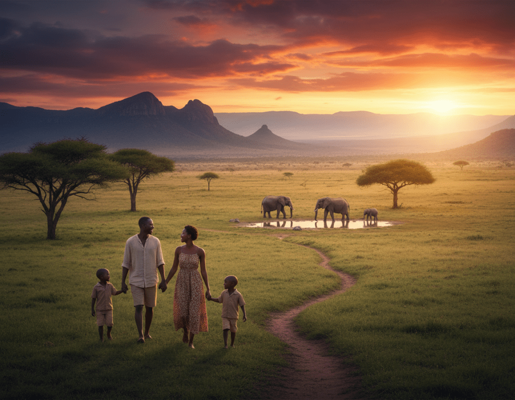 A breathtaking African landscape showcasing vibrant highlights along a journey. In the foreground, a family in modest, casual clothing enjoys a lush green savannah, with acacia trees dotting the scene. The middle ground features a majestic sunset over a dramatic mountain range, casting warm golden and orange hues into the sky. A few elephants roam near a waterhole, adding a sense of life and adventure. In the background, an expansive view of the Great Rift Valley unfolds, with rolling hills and distant wildlife. The atmosphere is serene and inspiring, evoking a sense of exploration and connection with nature. Soft, warm lighting creates a magical ambiance, inviting viewers to envision their own travels through stunning Africa.