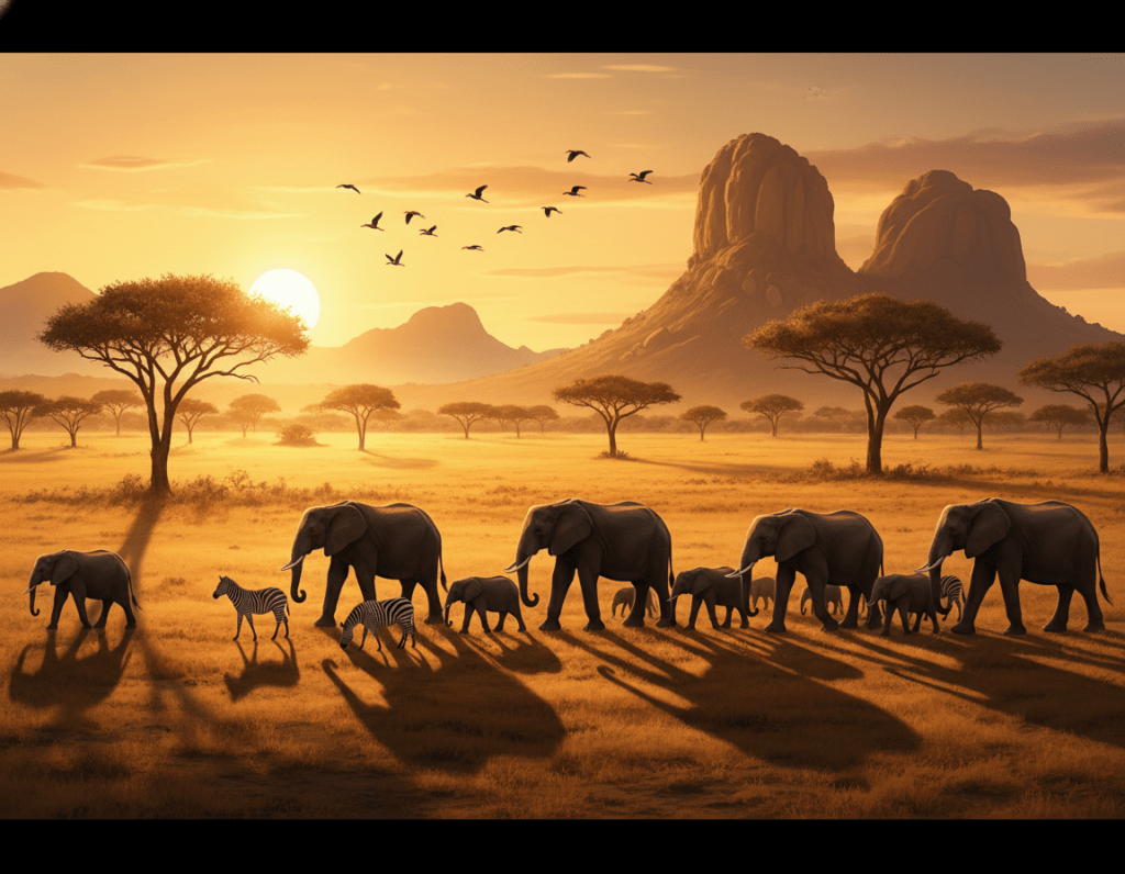A breathtaking African safari landscape under the golden glow of a sunset, showcasing a vast savanna dotted with acacia trees and dramatic rock formations in the background. In the foreground, a majestic herd of elephants gracefully traverses the plains, while a few curious zebras graze nearby. A colorful array of birds soars overhead, adding vibrancy to the scene. The lighting is warm and soft, creating a magical atmosphere, with long shadows cast by the setting sun. The image should evoke a sense of adventure and tranquility, perfect for wildlife photography. A wide-angle perspective highlights the expansive beauty of the African wilderness, inviting viewers into this captivating environment.