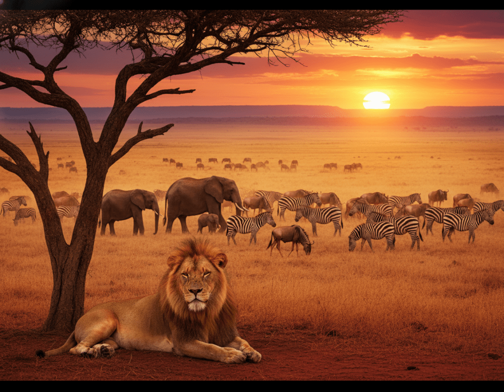 A breathtaking African safari scene showcasing diverse wildlife in their natural habitat. In the foreground, a majestic lion rests under a scattered acacia tree, while a herd of elephants roams nearby. In the middle ground, a vibrant group of zebras and wildebeests graze peacefully. The background features an expansive savanna with rolling hills under a stunning sunset, casting warm golden light across the scene. The atmosphere is tranquil yet alive with the sounds of nature. Use a wide-angle lens to capture the vastness of the landscape, enhancing the depth of the image. The colors should be rich and saturated, emphasizing the beauty of the African sunset and the wildlife in harmony with their environment.