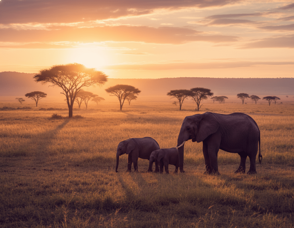 A breathtaking African savanna landscape during the golden hour, capturing the warm, soft light of early morning or late afternoon. In the foreground, a family of elephants grazes peacefully, their silhouettes contrasted against the glowing horizon. The middle ground features acacia trees casting long shadows, enhancing the depth of the scene. In the background, a vast expanse of savanna stretches out, dotted with small hills and patches of tall grass, all illuminated by the golden sunlight. The sky is painted in hues of orange, pink, and purple, evoking a serene and tranquil atmosphere. The image should exhibit a shallow depth of field, creating a dreamy effect that emphasizes the beauty of the wildlife within this majestic setting.