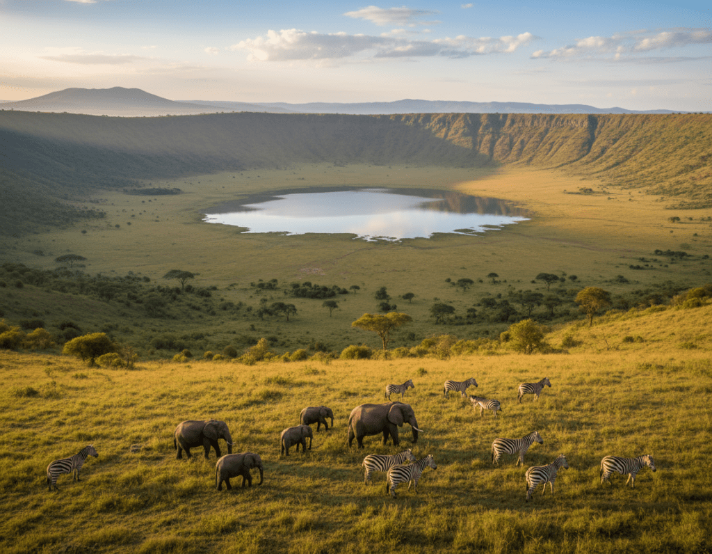 A breathtaking aerial view of Ngorongoro Crater, showcasing its vast, circular caldera surrounded by lush, green slopes and rich biodiversity. In the foreground, a variety of wildlife, including elephants and zebras, peacefully graze on the grassy plains. The middle ground reveals scattered acacia trees and a shimmering lake reflecting the sky. In the background, the rugged crater walls rise dramatically, hinting at the volcanic origins of this UNESCO World Heritage site. Soft morning light bathes the entire landscape, creating a warm, inviting atmosphere, with a clear blue sky dotted with fluffy white clouds. The overall mood is serene and awe-inspiring, capturing the essence of nature's grandeur in Tanzania.