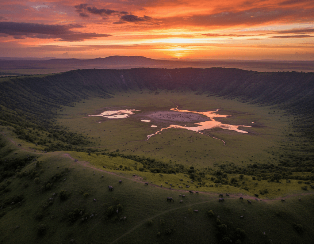 A breathtaking aerial view of the Ngorongoro Crater in Tanzania, captured during the golden hour of sunset. In the foreground, there are lush green hills leading into the expansive caldera, dotted with wildlife such as elephants and wildebeests. The middle ground showcases the crater's rich biodiversity, with grazing animals and small water bodies reflecting the warm hues of the sky. The background features the rugged crater walls, towering majestically against a colorful sunset, with clouds illuminated in pink and orange tones. The overall mood is serene and iconic, emphasizing the natural beauty and geographical significance of the Ngorongoro Crater, inviting viewers to explore its wonders. The image should be crisp and vivid, shot from a high-angle perspective for dramatic effect.