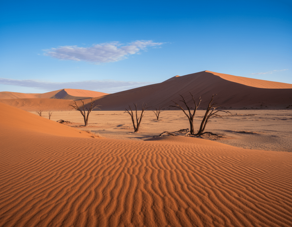A breathtaking landscape of Sossusvlei, Namibia, showcasing vast, undulating red dunes under a clear blue sky. In the foreground, a cluster of tall, dried acacia trees stands starkly against the warm hues of the sandy terrain, their dark trunks contrasting with the vibrant red-orange dunes. The middle ground features rippling dune patterns, created by the wind, leading to the towering Sossusvlei dunes that rise majestically in the background. The sun casts long shadows, emphasizing the curves and textures of the sand. The atmosphere is tranquil and serene, evoking a sense of isolation and natural beauty. The lighting is warm and soft, typical of early morning or late afternoon, capturing the golden hour glow.