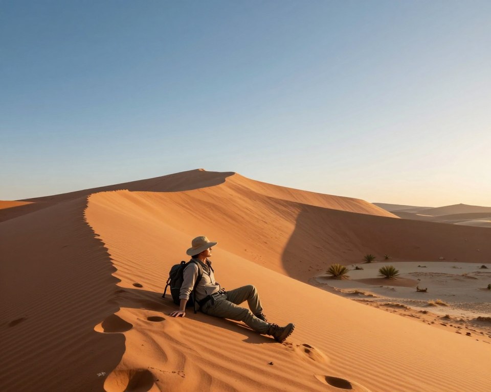 A breathtaking landscape showcasing "Big Daddy," the highest dune in the world, in Namibia. In the foreground, feature a well-equipped hiker in modest outdoor attire, wearing a sun hat and sturdy boots, taking a moment to rest against the dune. In the middle ground, capture the towering, golden-red sand dune, its ripples and contours illuminated by the warm glow of the late afternoon sun. Include a few sparse desert plants to add life to the scene. In the background, depict a vast, clear blue sky that gradually transitions to a warm orange at the horizon, creating a serene atmosphere. Use a wide-angle lens to capture the expansive beauty, highlighting the scale of the dune. The overall mood should be adventurous and inviting, perfect for an inspiring hiking experience.