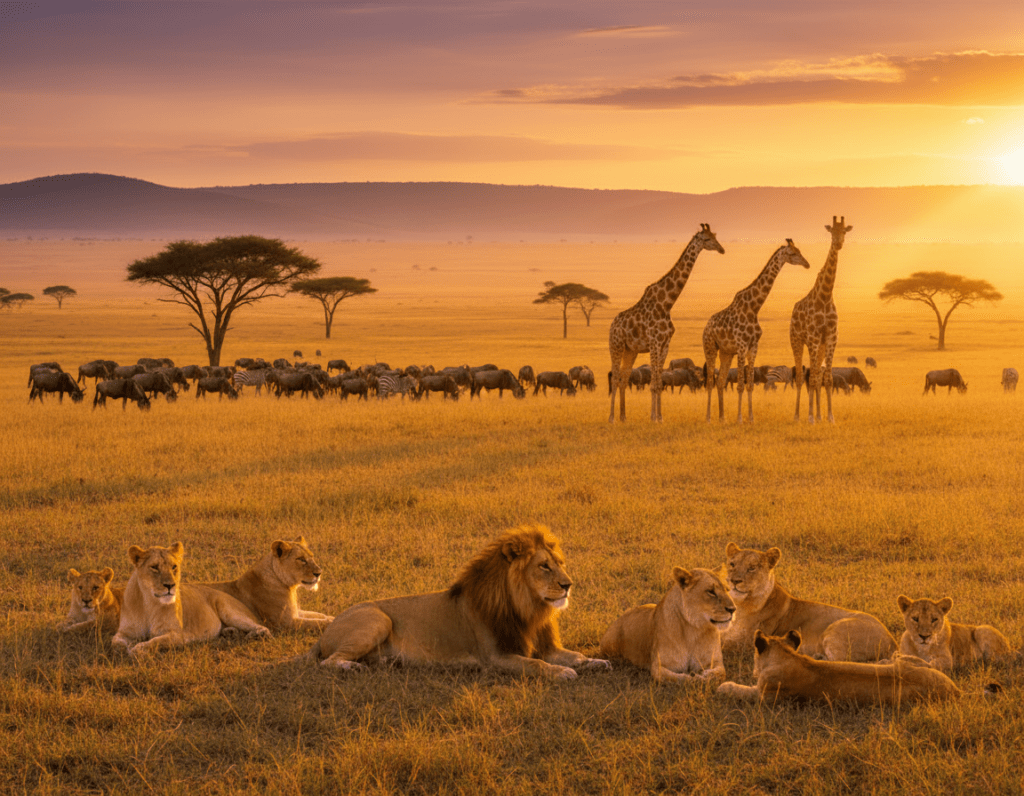 A breathtaking panoramic view of Serengeti National Park during the golden hour, showcasing diverse wildlife. In the foreground, a majestic pride of lions lounges on the grass, their golden fur glowing in the warm sunlight. In the middle ground, a herd of wildebeest grazes peacefully alongside elegant giraffes, with acacia trees dotting the landscape. The background features iconic rolling hills under a vibrant sky painted in hues of orange and purple as the sun sets. Soft shadows stretch across the savannah, creating a tranquil yet lively atmosphere. The image should evoke a sense of wonder and adventure, captured with a wide-angle lens to emphasize the vastness of the landscape, ensuring no text or watermarks distract from the scene.